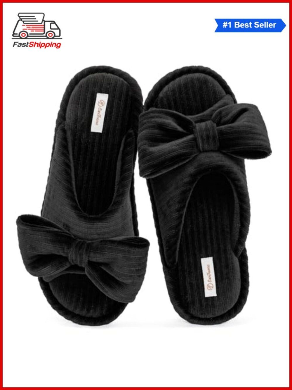 ✨ EverFoams Women's Open-Toe Bow Slippers Striped Velvet Memory Foam Non-Slip